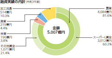 融資実績の内訳 (令和3年度) 金額5,007億円 農業 4,084億円 81.6%(うちスーパーL資金 3,012億円 60.2% その他資金 1,071億円 21.4%) 林業 190億円 3.8% 漁業 219億円 4.4% 加工流通 514億円 10.3%