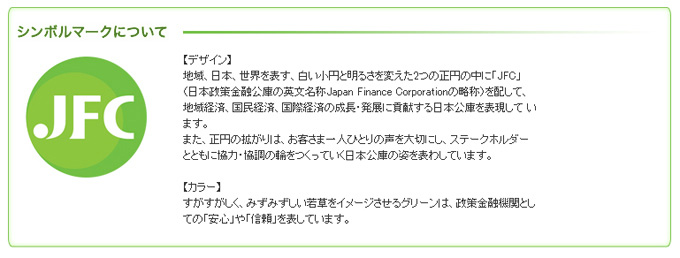 シンボルマークについて デザイン 地域、日本、世界を表す、白い小円と明るさを変えた2つの正円の中に「JFC」（日本政策金融公庫の英文名称Japan Finance Corporationの略称）を配して、地域経済、国民経済、国際経済の成長・発展に貢献する日本公庫を表現しています。また、正円の拡がりは、お客さま一人ひとりの声を大切にし、ステークホルダーとともに協力・協調の輪をつくっていく日本公庫の姿を表わしています。 カラー すがすがしく、みずみずしい若草をイメージさせるグリーンは、政策金融機関としての「安心」や「信頼」を表しています。