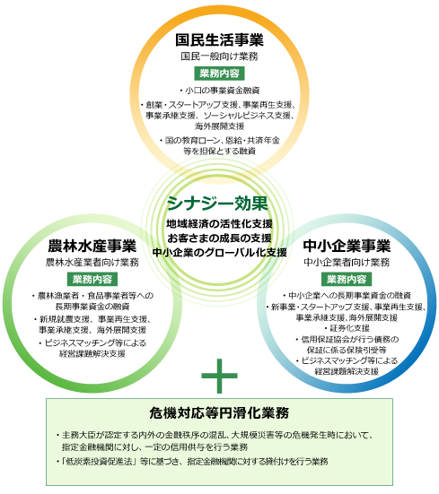 「国民生活事業」「農林水産事業」「中小企業事業」のシナジー効果により、地域経済の活性化支援、お客さまの成長の支援、中小企業のグローバル化支援を行っております。 国民生活事業（国民一般向け業務）の業務内容  ・小口の事業資金融資 ・創業・スタートアップ支援・事業再生支援・事業承継支援、ソーシャルビジネス支援、海外展開支援 ・国の教育ローン、恩給・共済年金等を担保とする融資 農林水産事業（農林水産業者向け業務）の業務内容 ・農林漁業者・食品事業者等への長期事業資金の融資 ・新規就農支援、事業再生支援、事業承継支援、海外展開支援 ・ビジネスマッチング等による経営課題解決支援 中小企業事業（中小企業者向け業務）の業務内容 ・中小企業への長期事業資金の融資 ・新事業・スタートアップ支援、事業再生支援・事業承継支援・海外展開支援 ・証券化支援 ・信用保証協会が行う債務の保証に係る保険引受等 ・ビジネスマッチング等による経営課題解決支援 危機対応等円滑化業務の業務内容 ・主務大臣が認定する内外の金融秩序の混乱、大規模災害等の危機発生時において、指定金融機関に対し、一定の信用供与を行う業務 ・「低炭素投資促進法」、「産業競争力強化法」及び「特定高度情報通信技術活用システムの開発供給及び導入の促進に関する法律」に基づき、指定金融機関に対する貸付けを行う業務