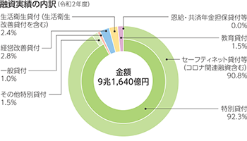 融資実績の内訳(令和2年度) 金額9兆1,640億円、特別貸付92.3%(特別貸付のうち、セーフティネット貸付90.8%、その他特別貸付1.5%)、一般貸付1.0%、経営改善貸付2.8%、生活衛生貸付(生活衛生改善貸付を含む)2.4%、教育貸付1.5%、恩給・共済年金担保貸付等0.0%