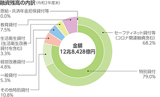 融資残高の内訳(令和2年度) 金額12兆8,428億円、特別貸付79.0%(特別貸付のうち、セーフティネット貸付68.2%、その他特別貸付10.8%)、一般貸付5.3%、経営改善貸付4.8%、生活衛生貸付(生活衛生改善貸付を含む)3.3%、教育貸付7.5%、恩給・共済年金担保貸付等0.0%