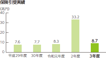 保険引受実績 平成29年度7.6兆円 平成30年度7.7兆円 令和元年度8.3兆円 令和2年度33.2兆円 令和3年度8.7兆円