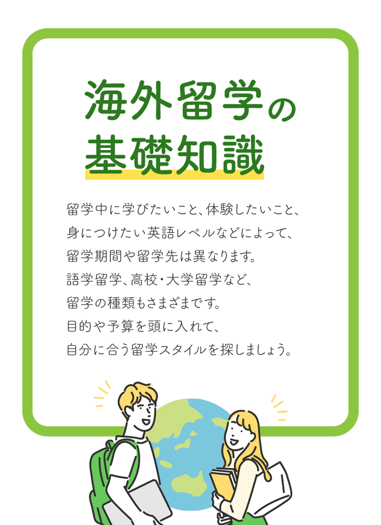 海外留学の基礎知識　留学中に学びたいこと、体験したいこと、身につけたい英語レベルなどによって、留学期間や留学先は異なります。語学留学、高校・大学留学など、留学の種類もさまざまです。目的や予算を頭に入れて、自分に合う留学スタイルを探しましょう。