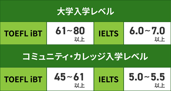 大学入学レベル / TOEFL iBT：61~80以上 IELTS：6.0~7.0以上　コミュニティ・カレッジ入学レベル / TOEFL iBT：45~61以上 IELTS：5.0~5.5以上