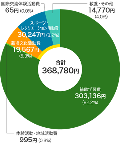 公立中学校の学校外活動費に占める「補助学習費」「その他の学校外活動費」（合計368,780円）の内訳円グラフ　補助学習費303,136円（82.2%）、その他の学校外活動費のうち体験活動・地域活動費995円（0.3%）、芸術文化活動費19,567円（5.3%）、スポーツ・レクリエーション活動費30,247円（8.2%）、国際交流体験活動費65円（0.0%）、教養・その他14,770円（4.0%）