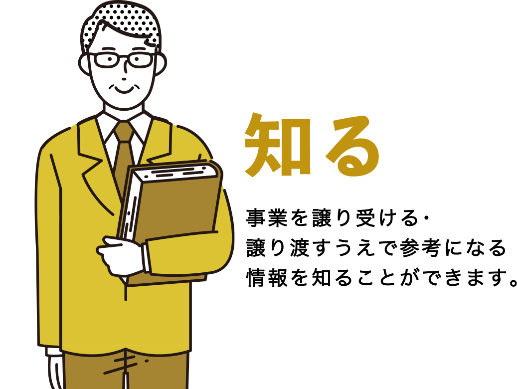 譲渡・譲受について知りたい 事業を譲り受ける･譲り渡すうえで参考になる情報を知ることができます。