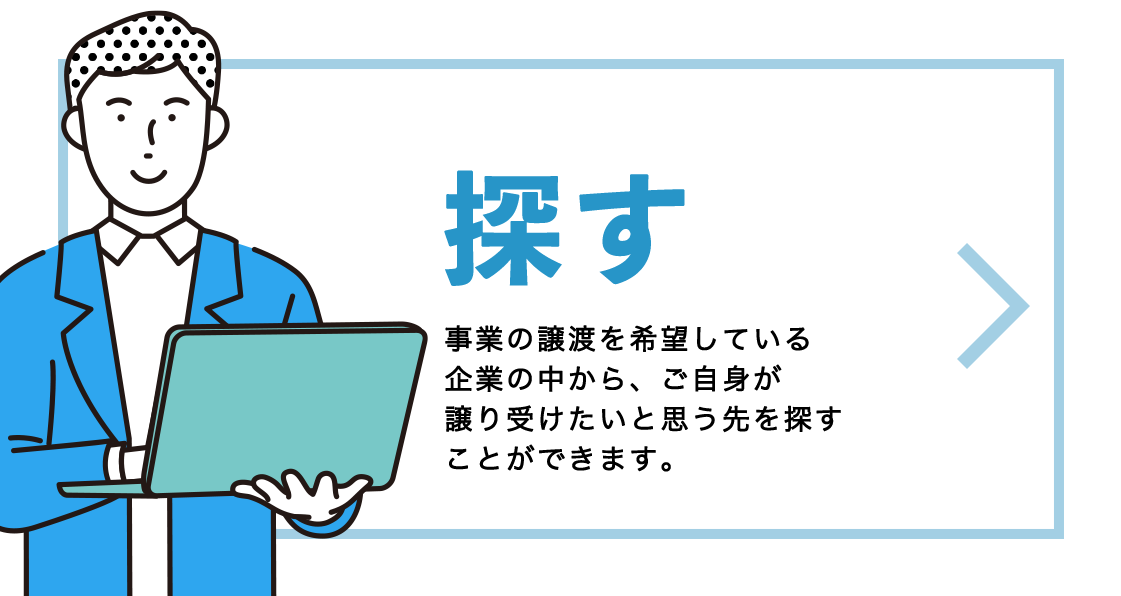 譲渡希望企業を探したい 事業の譲渡を希望している企業の中から、ご自身が譲り受けたいと思う先を探すことができます。