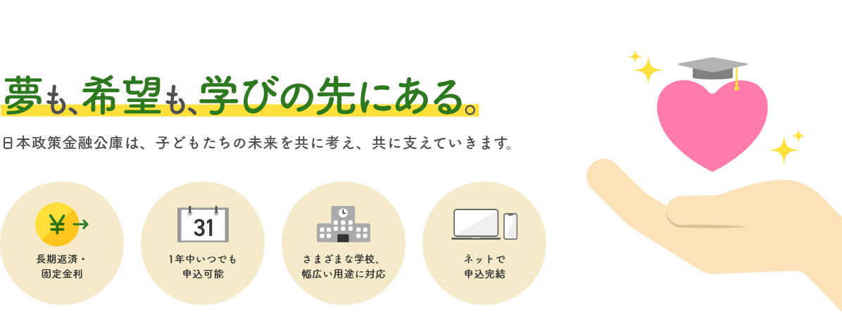 夢も、希望も、学びの先にある　日本政策金融公庫は、子供たちの未来を共に考え、共に支えていきます。「長期返済・固定金利」「1年中いつでも申込可能」「さまざまな学校、幅広い用途に対応」「ネットで申込完結」