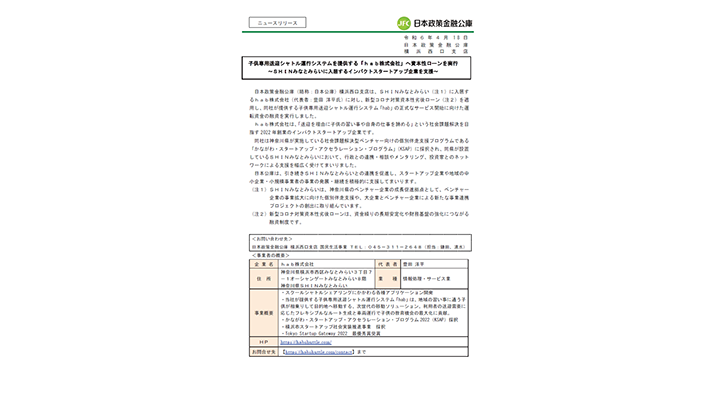 子供専用送迎シャトル運行システムを提供する「hab株式会社」へ資本性ローンを実行