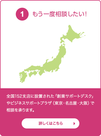 もう一度相談したい！全国６ヵ所（札幌・仙台・新宿・名古屋・大阪・福岡）のビジネスサポートプラザや全国152支店に設置された創業サポートデスクで相談を承ります。