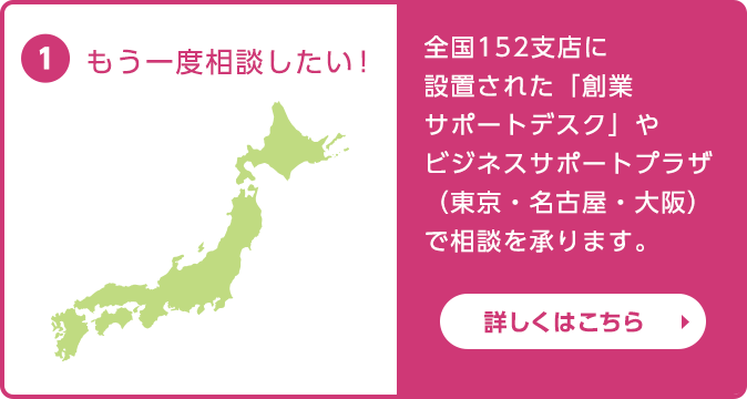 もう一度相談したい！全国６ヵ所（札幌・仙台・新宿・名古屋・大阪・福岡）のビジネスサポートプラザや全国152支店に設置された創業サポートデスクで相談を承ります。