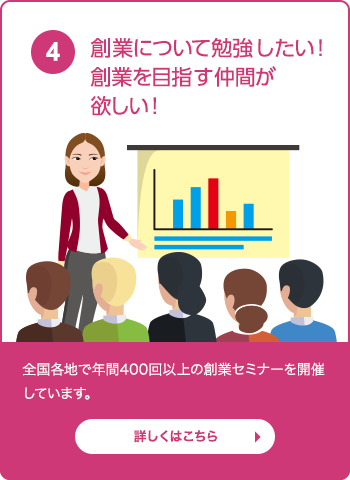創業について勉強したい！創業を目指す仲間が欲しい！全国各地で年間400回以上の創業セミナーを開催しています。